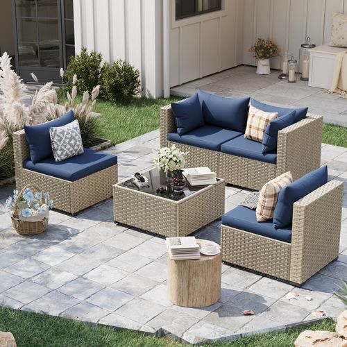 POTEBAN 5 Pieces Outdoor Patio Furniture Set, Outdoor Wicker Patio Conversation Set with Cushions for Backyard, Porch, Garden(Navy Blue)