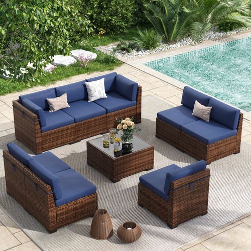 Poteban 9 Pieces Outdoor Sectional Sofa Set , PE Wicker Rattan Slanted Back Outdoor Conversation with Cushions and Glass Coffee Table for Backyard Gar