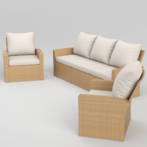 POTEBAN 4 Piece Outdoor Brown Wicker Patio Furniture Set, Modern PE Rattan Sectional Sofa Couch with Navy Blue Cushions