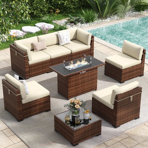 Poteban 8 Pieces Outdoor Patio Furniture Set with 44" Fire Pit Table, Brown Wicker Rattan Sectional Sofa with Cushions and Glass Coffee Table for Back