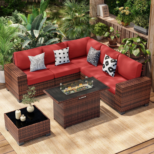 Poteban Outdoor Sectional with Fire Pit Table, 8 Inch Armrest Patio Furniture Set with Waterproof Cover for Garden Backyard, 4'' Thickened Cushion