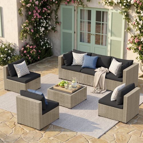 POTEBAN 7 Piece Outdoor Patio Furniture Set, Grey Rattan Wicker Outdoor Conversation Sectional Sofa Set with Cushions for Backyard, Black
