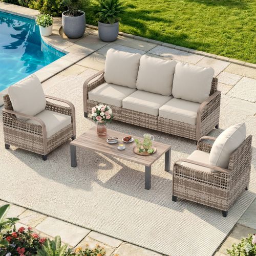 Poteban Outdoor Patio All Weather Wicker Furniture Sets,with Coffee Table, Conversation Sets and Ottoman,for Pool, Backyard, Garden, 6 Pieces