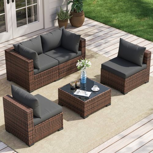 Poteban Patio Furniture Sets, Modular Rattan Outdoor Patio Sectional Furniture Sofa Set, Wicker Patio Conversation Set for Backyard,5PCS