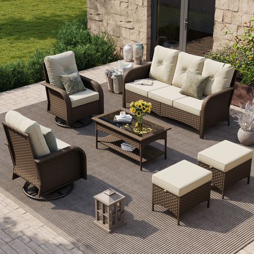 POTEBAN 6-Piece Brown Wicker Patio Furniture Set, Outdoor Sectional Conversation Set with Swivel Rocker Chairs