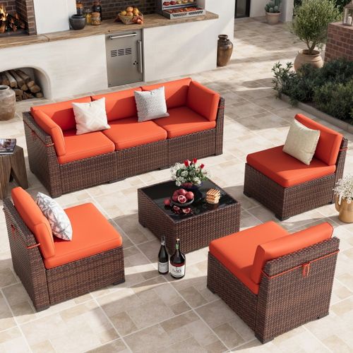 POTEBAN Patio Furniture Set, 7-Piece Outdoor Sectional All-Weather Wicker Patio Conversation Set for Backyard (Orange Cushions with Brown Rattan)