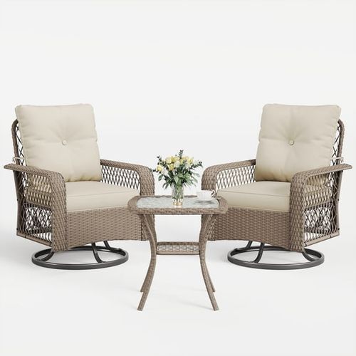 POTEBAN 3 Pieces Patio Furniture Set, Outdoor Swivel Gliders Rocker, Glass Top Side Table (Khaki)
