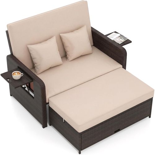 POTEBAN Wicker Outdoor Daybed-Outdoor Loveseat with Storage Ottoman, 4-Level Adjustable Backrest & Cushions for Balcony, Garden, Poolside (Beige)