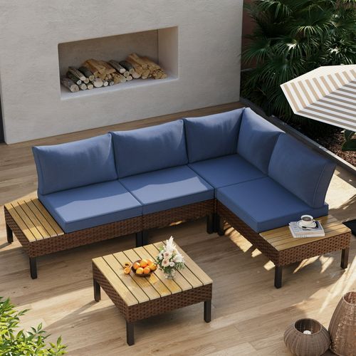 Poteban 5-piece Rattan Outdoor Patio Sofa Set,L-Shaped Sectional Sofa Couch with Coffee Table for Backyard,Lawn,Garden,Navy Blue