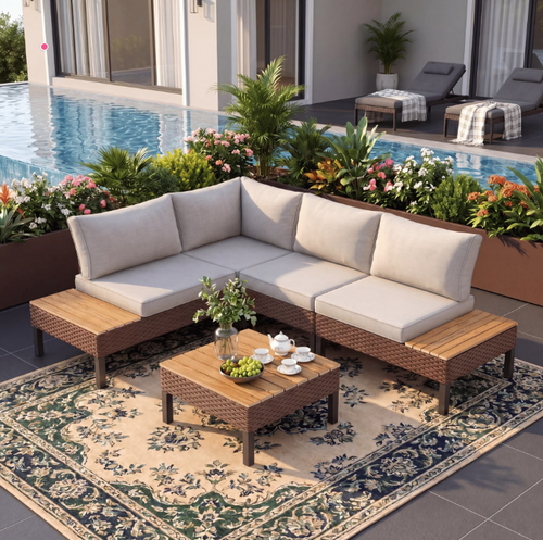 Poteban 5-piece Rattan Outdoor Patio Sofa Set,L-Shaped Sectional Sofa Couch with Coffee Table for Backyard,Lawn,Garden,Khaki