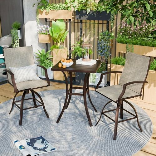 POTEBAN 3-piece Outdoor Swivel Bar Stool Set，2 Patio Metal High Back And Armrest Bar chairs With Bar Table for Backyard,Lawn Garden,Balcony,Pool