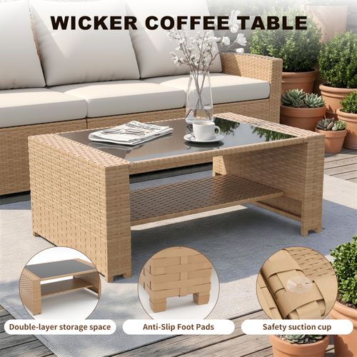 POTEBAN 4 Piece Outdoor Brown Wicker Patio Furniture Set, Modern PE Rattan Sectional Sofa Couch with Gray Cushions and
