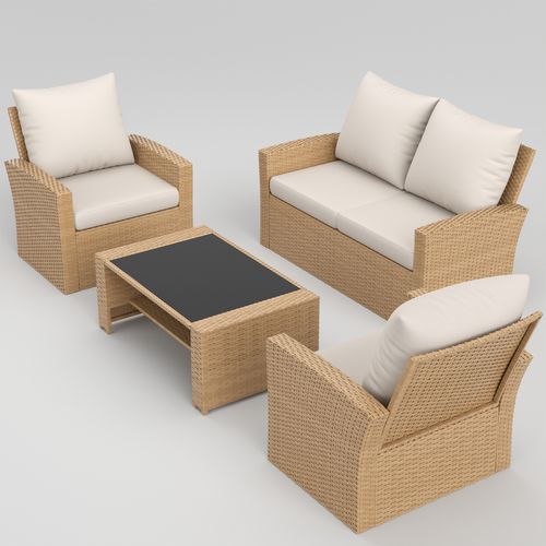 POTEBAN 7 Piece Outdoor Brown Wicker Patio Furniture Set, Modern PE Rattan Sectional Sofa Couch with Navy Blue