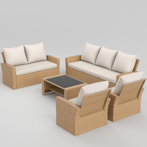 POTEBAN 6 Piece Outdoor Brown Wicker Patio Furniture Set, Modern PE Rattan Sectional Sofa Couch with Navy Blue Cushions