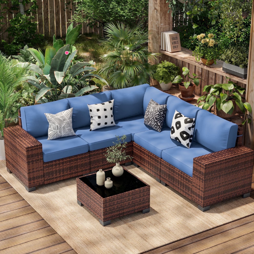 Poteban Patio Furniture Set 6 PCS Outdoor Sectional Conversation Sets Featuring Widen Wicker Armrests and High Back,Brown&Blue