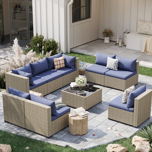 POTEBAN 9 Pieces Patio Furniture Sets, Modular Rattan Outdoor Patio Sectional Furniture Sofa Set, Wicker Patio Conversation Set for Backyard, Haze Blu