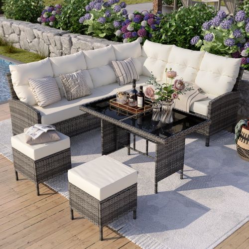 POTEBAN Outdoor Rattan 7-Piece Dining Set, Sectional Sofa Couch with Table & Chairs, All-Weather Conversation Set for Deck, Backyard, Beige