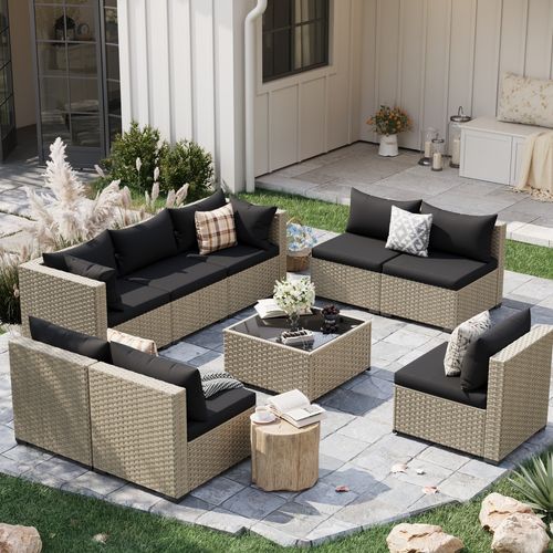 POTEBAN 9 PE Resin Weatherproof Outdoor Conversation Sets with Chairs and Table, Black