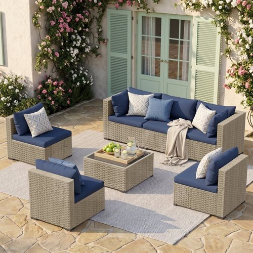POTEBAN 7 Pieces Outdoor Patio Furniture Set, Grey Rattan Wicker Outdoor Conversation Sectional Sofa Set with Cushions for Backyard, Navy Blue