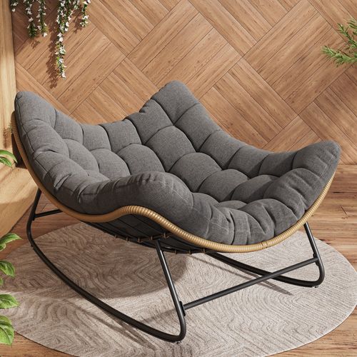Poteban Outdoor Rocking Chair, Indoor Papasan Chair, Oversized Egg Rocking Chair with Thick Cushion, Rattan Wicker Rocker Lounge Chair for Bedroom, Li
