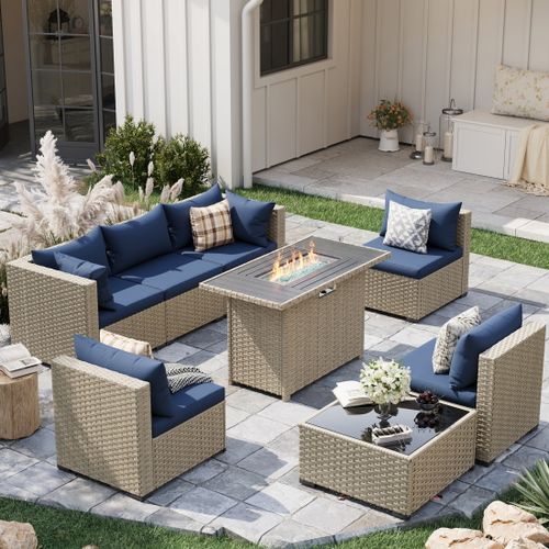 POTEBAN Outdoor Patio Furniture Set with Fire Pit Table, 8 Piece Outdoor Sectional Sofas, All-Weather Wicker Patio Conversation Set for Garden, Navy B