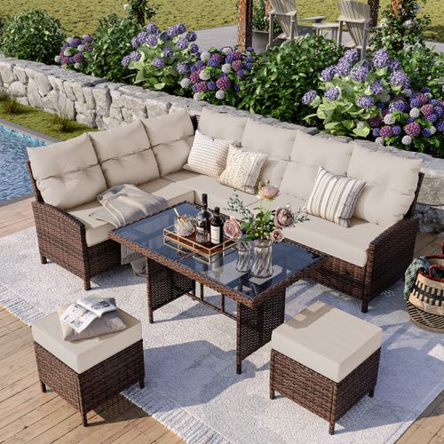 POTEBAN Outdoor Rattan 7-Piece Dining Set, Sectional Sofa Couch with Table & Chairs, All-Weather Conversation Set for Deck, Backyard, Khaki