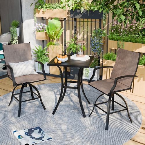POTEBAN 3-piece Outdoor Swivel Bar Stool Set，2 Patio Metal High Back And Armrest Bar chairs With Bar Table for Backyard,Lawn Garden,Balcony,Pool