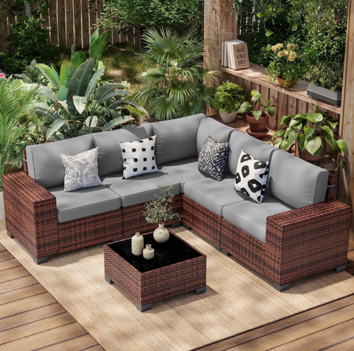 Poteban Patio Furniture Set 6 PCS Outdoor Sectional Conversation Sets Featuring Widen Wicker Armrests and High Back, Brown&Grey
