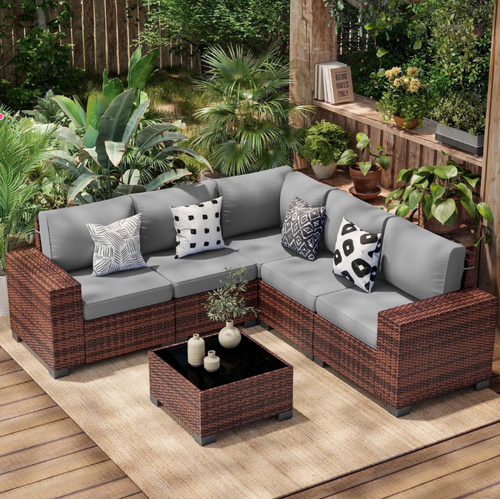 Poteban Patio Furniture Set 6 PCS Outdoor Sectional Conversation Sets Featuring Widen Wicker Armrests and High Back, Brown&Grey