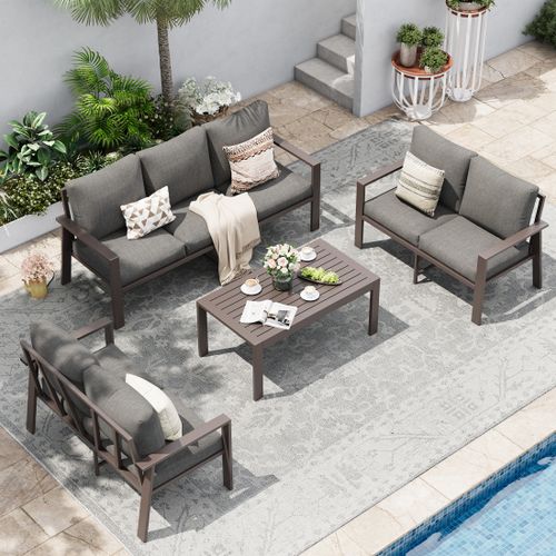 POTEBAN Aluminum Patio Furniture Set, Modern Metal Outdoor Sectional Sofa, Patio Conversation Sets with Side Table for Poolside, courtyard,Grey