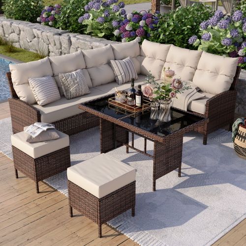 POTEBAN Outdoor Rattan 7-Piece Dining Set, Sectional Sofa Couch with Table & Chairs, All-Weather Conversation Set for Deck, Backyard, Khaki