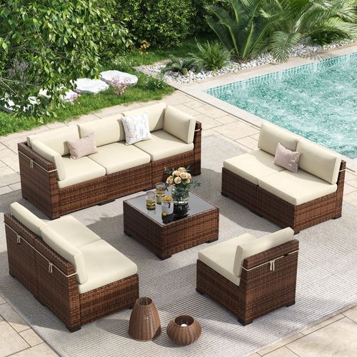 Poteban 9 Pieces Outdoor Sectional Sofa Set , PE Wicker Rattan Slanted Back Outdoor Conversation with Cushions and Glass Coffee Table for Backyard Gar
