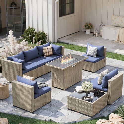 POTEBAN Outdoor Patio Furniture Set with Fire Pit Table, 8 Piece Outdoor Sectional Sofas, All-Weather Wicker Patio Conversation Set for Garden, Haze B