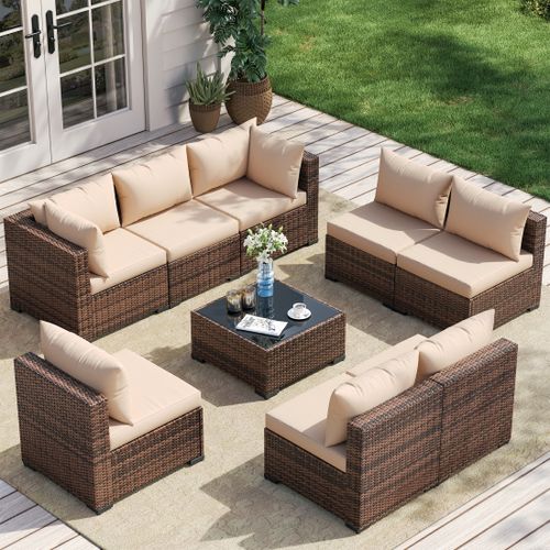 Poteban Patio Furniture Sets, Modular Rattan Outdoor Patio Sectional Furniture Sofa Set, Wicker Patio Conversation Set for Backyard,9PCS