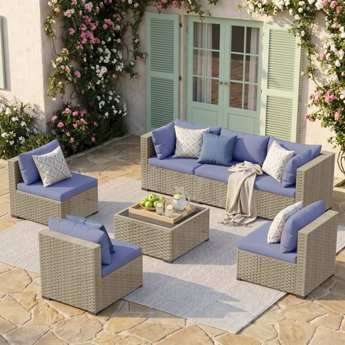 POTEBAN 7 Pieces Outdoor Patio Furniture Set, Grey Rattan Wicker Outdoor Conversation Sectional Sofa Set with Cushions for Backyard, Haze Blue