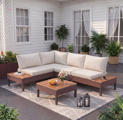 Poteban 5-piece Outdoor Patio Furniture Set with Modular Sofa, L-Shaped Sectional Sofa Couch with Coffee Table for Backyard,Lawn,Garden,Khak