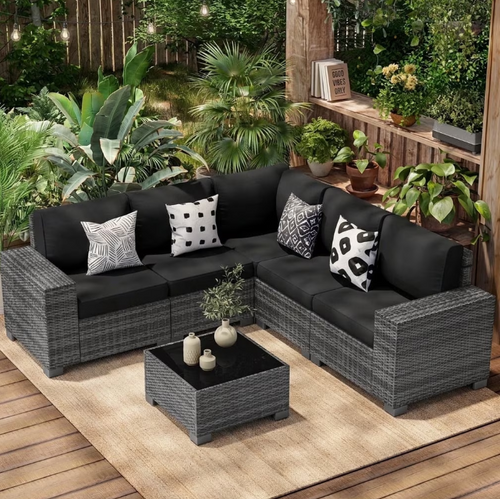 Poteban Patio Furniture Set 6 PCS Outdoor Sectional Conversation Sets Featuring Widen Wicker Armrests and High Back,Grey&Black