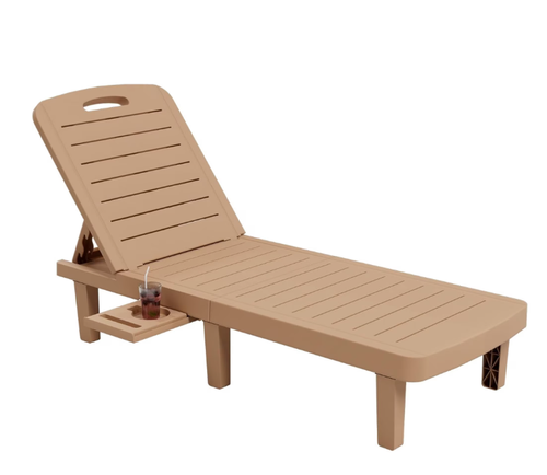 Poteban 1-Pack 5-Position Outdoor Lounge Chair, All-Weather Resin Chaise Lounge with Cup Holder for Pool, Patio, Wood Tone