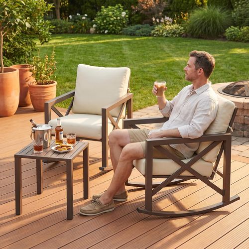 POTEBAN 3-Piece Black Metal Patio Rocking Chair Set, Heavy Duty 350 lbs Capacity Outdoor Bistro Furniture Set with 2 Rockers
