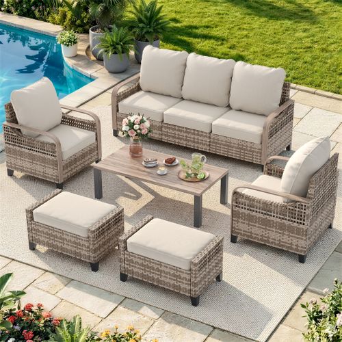 Poteban Outdoor Patio All Weather Wicker Furniture Sets,with Coffee Table, Sofa, Conversation Sets and Ottoman,for Pool, Backyard, Garden, 8 Pieces