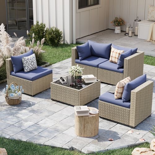 POTEBAN 5 Pieces Patio Furniture Sets, Modular Rattan Outdoor Patio Sectional Furniture Sofa Set, Wicker Patio Conversation Set for Backyard, Haze Blu