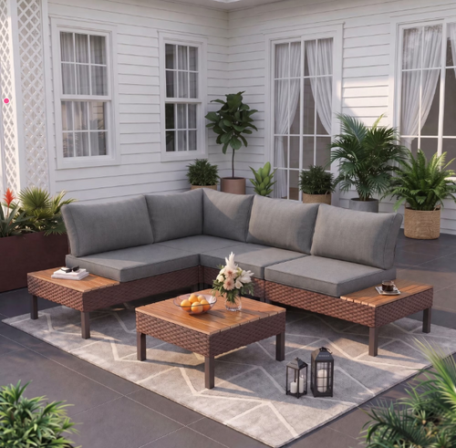 Poteban 5-piece Outdoor Patio Furniture Set with Modular Sofa，L-Shaped Sectional Sofa Couch with Coffee Table for Backyard,Lawn,Garden,Dark Grey