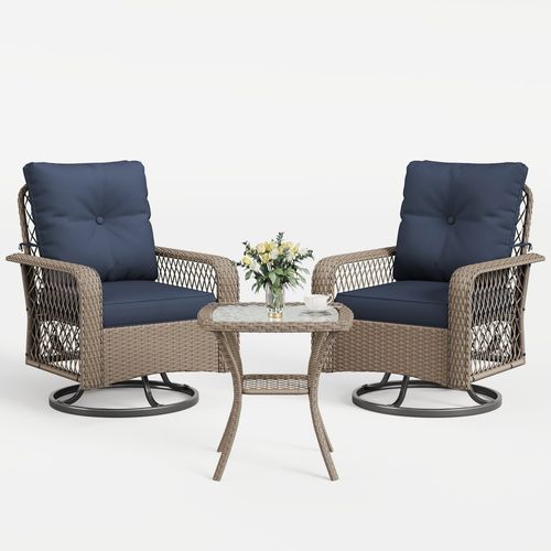 POTEBAN 3 Pieces Patio Furniture Set, Outdoor Swivel Gliders Rocker, Glass Top Side Table (Navy Blue)