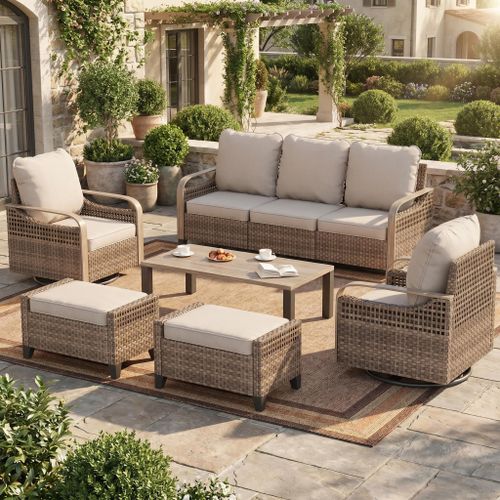 Poteban Outdoor Patio All Weather Wicker Furniture Sets,with Coffee Table, Sofa, Swivel Rocking Chair and Ottoman,for Pool, Backyard, Garden, 8 Pieces