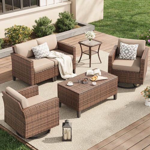 Poteban Patio Set, 6 Pieces Outdoor Furniture Sets with Rocking Swivel Chairs, Wicker Rattan, Waterproof Covers for Backyard