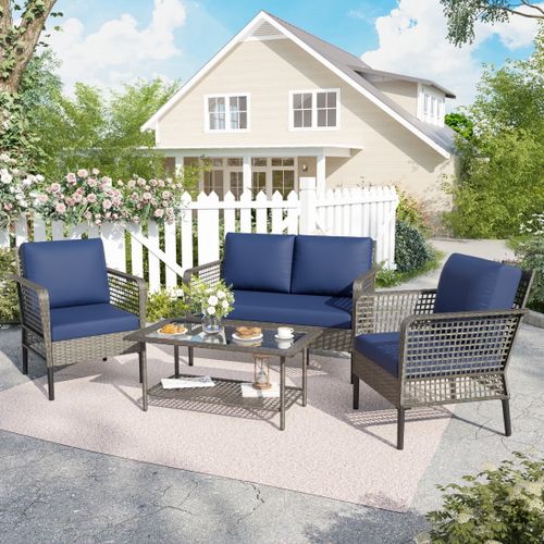POTEBAN 4-Piece Wicker Outdoor Patio Conversation Set with Coffee Table, Grey Rattan Sofa Set for Balcony, Porch, Backyard, Blue