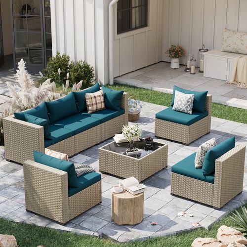 POTEBAN 7 Pieces Outdoor Patio Furniture Set, Grey Rattan Wicker Outdoor Conversation Sectional Sofa Set with Cushions for Backyard, Peacock Blue