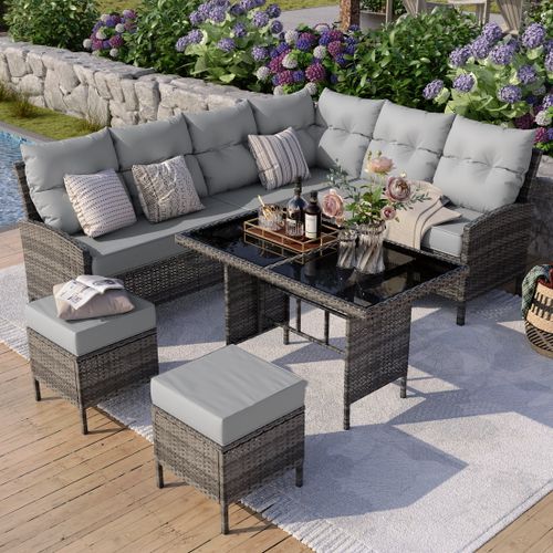 POTEBAN Outdoor Rattan 7-Piece Dining Set, Sectional Sofa Couch with Table & Chairs, All-Weather Conversation Set for Deck, Backyard, Grey