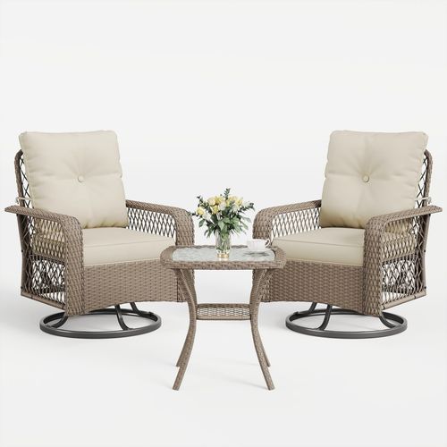 POTEBAN 3 Pieces Patio Furniture Set, Outdoor Swivel Gliders Rocker, Glass Top Side Table Khaki