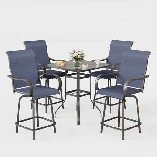 POTEBAN 5 Pieces Patio Swivel Bar Set, All Weather Outdoor High Top Bar Stool Bistro Set with 4 Bar Chairs and Glass Table Navy